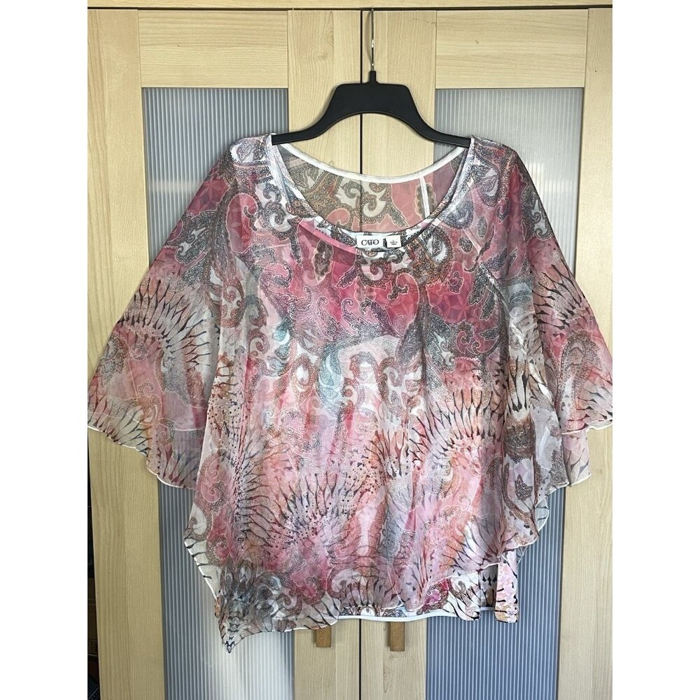 CATO Floral Tunic Top Women's Sz L Pink festival Boho Blouse Fairy Beach Resort